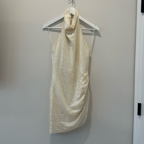 Amanda Uprichard Samba Dress Size Small Bridal White Sequins Halter Cowl Mini - Picture 2 of 12
